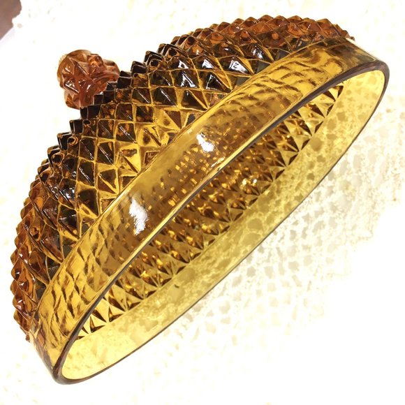 Indiana Glass Amber Diamond Point 70's  Oval Covered Butter Dish Vtg - Picture 11 of 12